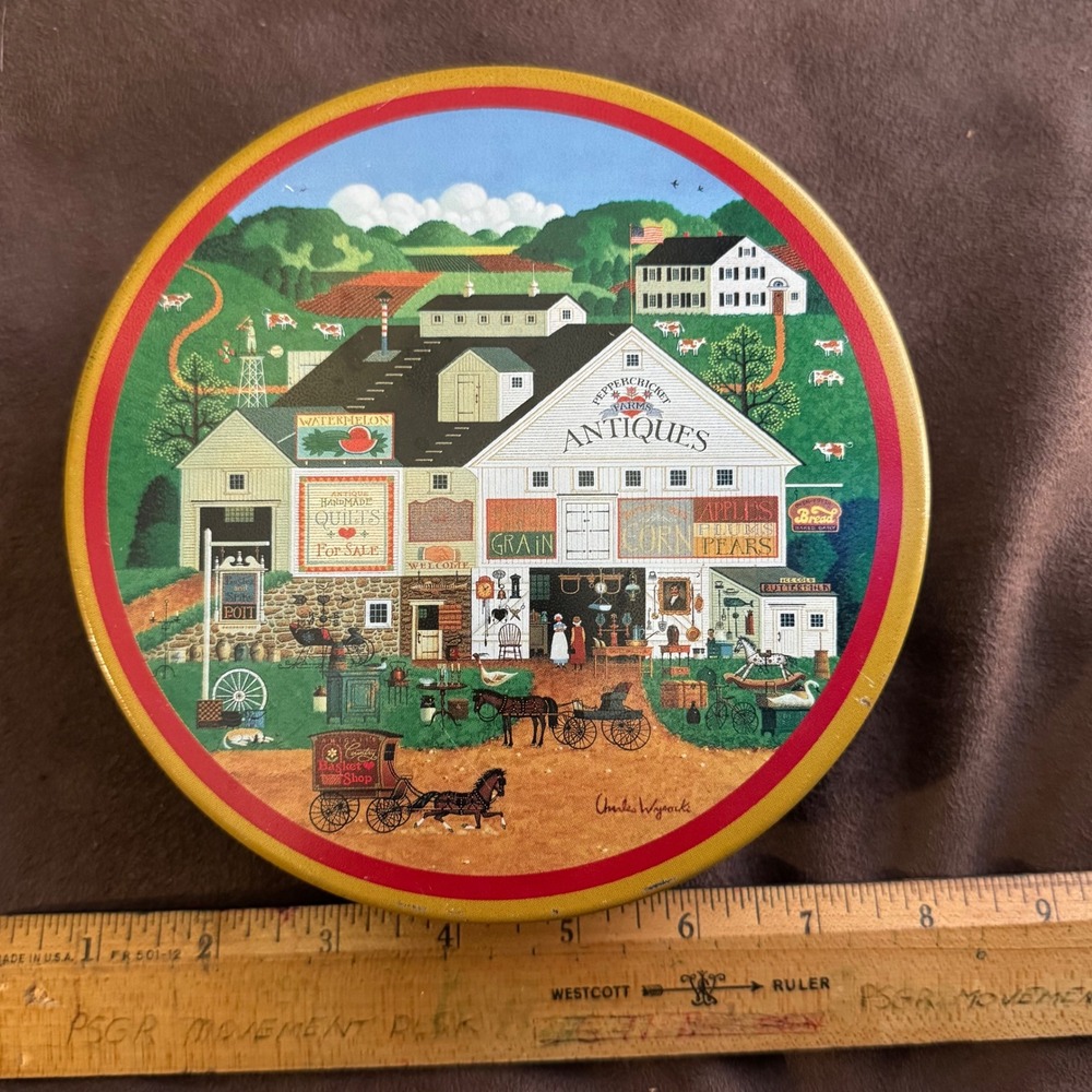 Peppermint Creek Farms Tin 1994 Round‎ Country Farm Scene Litho sewing craft tin